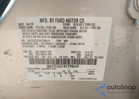 2019 Ford Ecosport Se z USA, uszkodzony, nr VIN MAJ3S2GE1KC298649